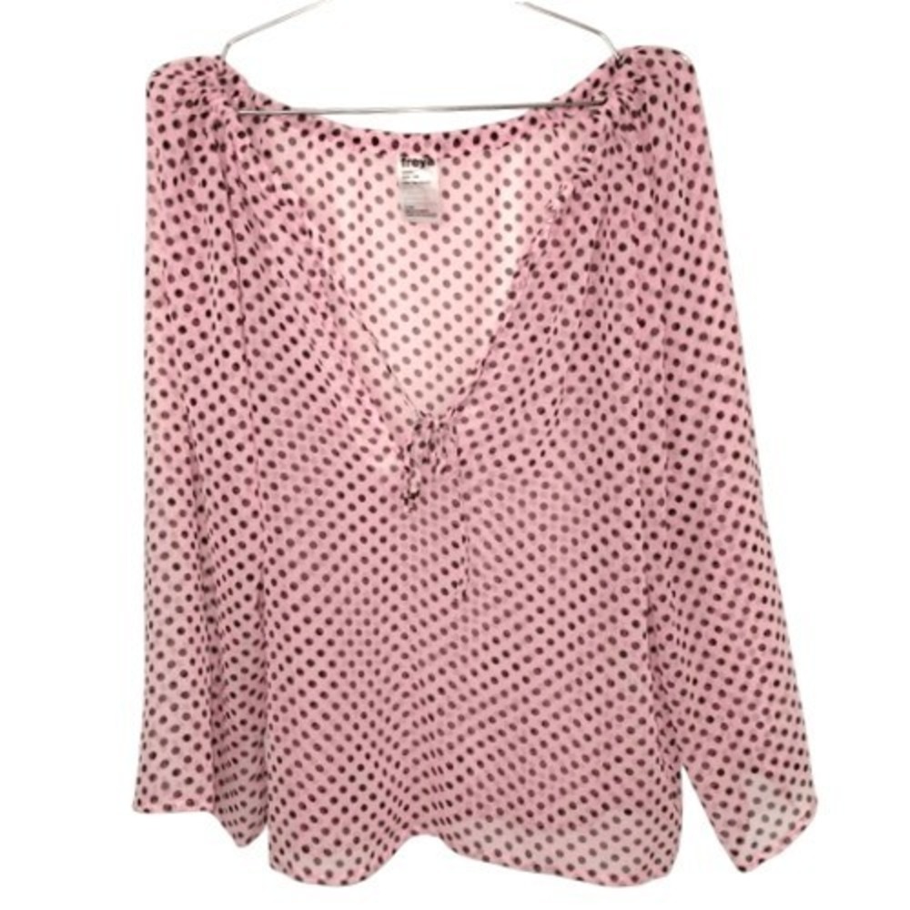 Freya Womens Top Sz S/M Relaxed Petal Pink Polkadot Sheer Chiffon Casual Tie‎